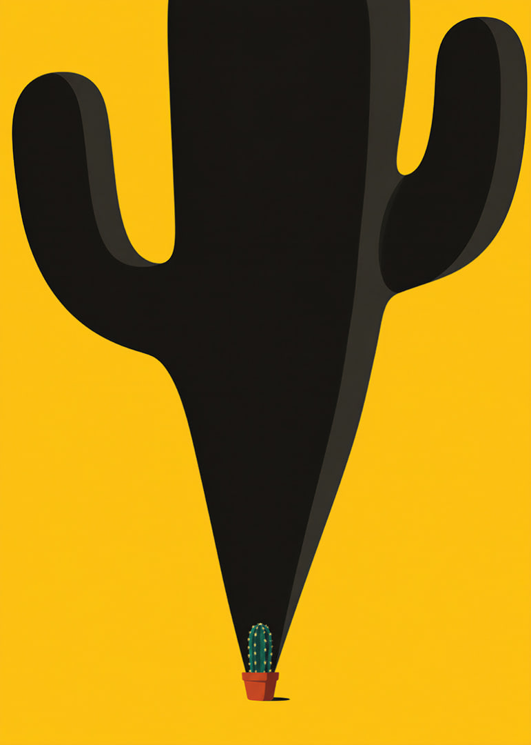 A small cactus casts a monumental, playful shadow against a yellow background.-12