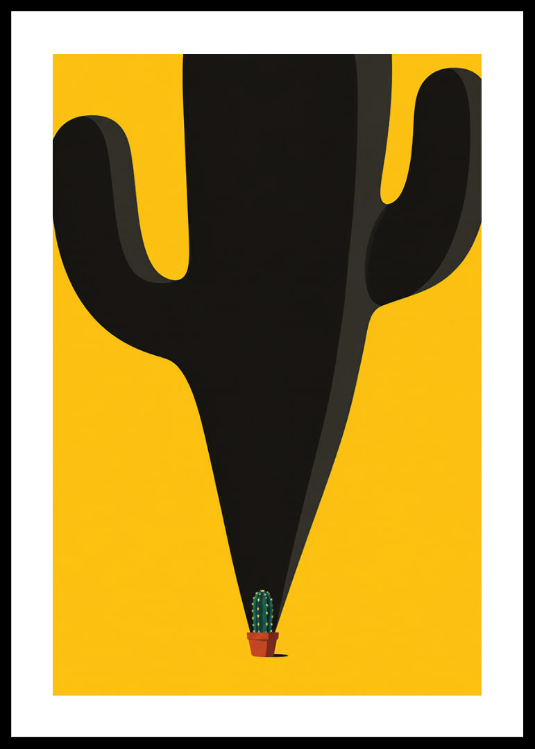 A small cactus casts a monumental, playful shadow against a yellow background.-12