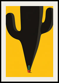 A small cactus casts a monumental, playful shadow against a yellow background.-2