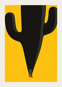 A small cactus casts a monumental, playful shadow against a yellow background.-3