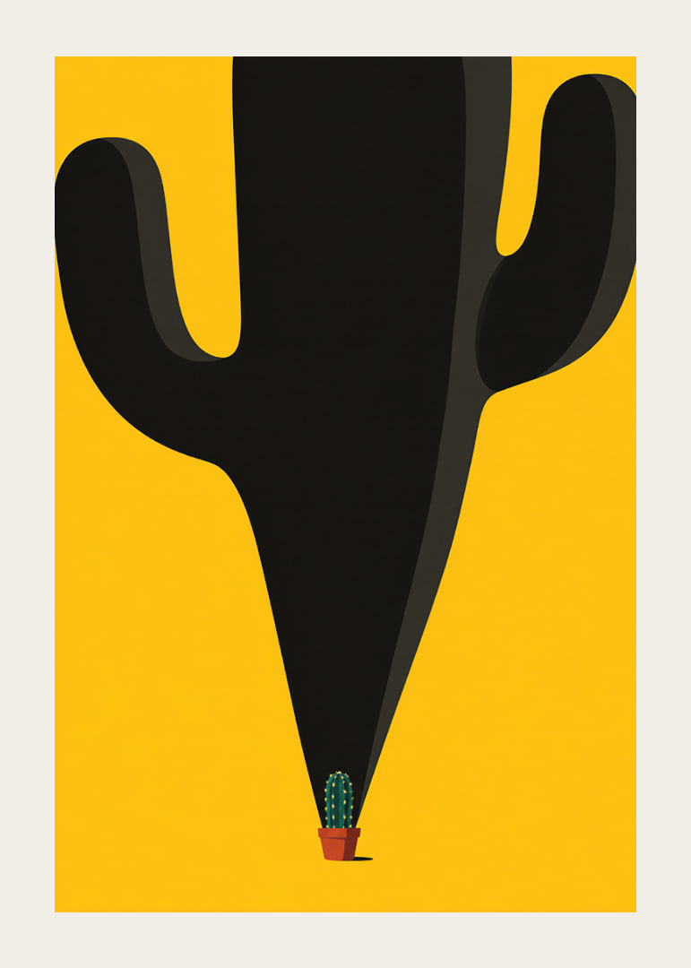 A small cactus casts a monumental, playful shadow against a yellow background.-12