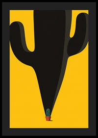 A small cactus casts a monumental, playful shadow against a yellow background.-4