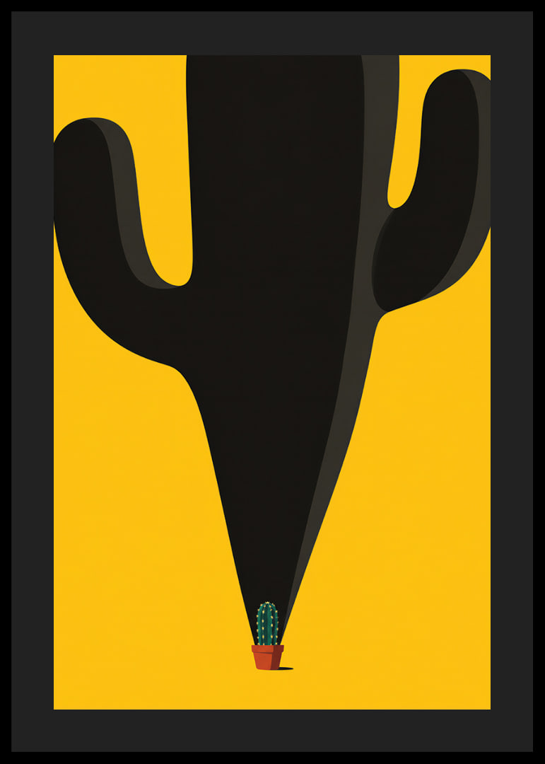 A small cactus casts a monumental, playful shadow against a yellow background.-12