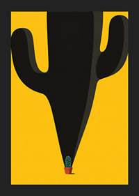 A small cactus casts a monumental, playful shadow against a yellow background.-5