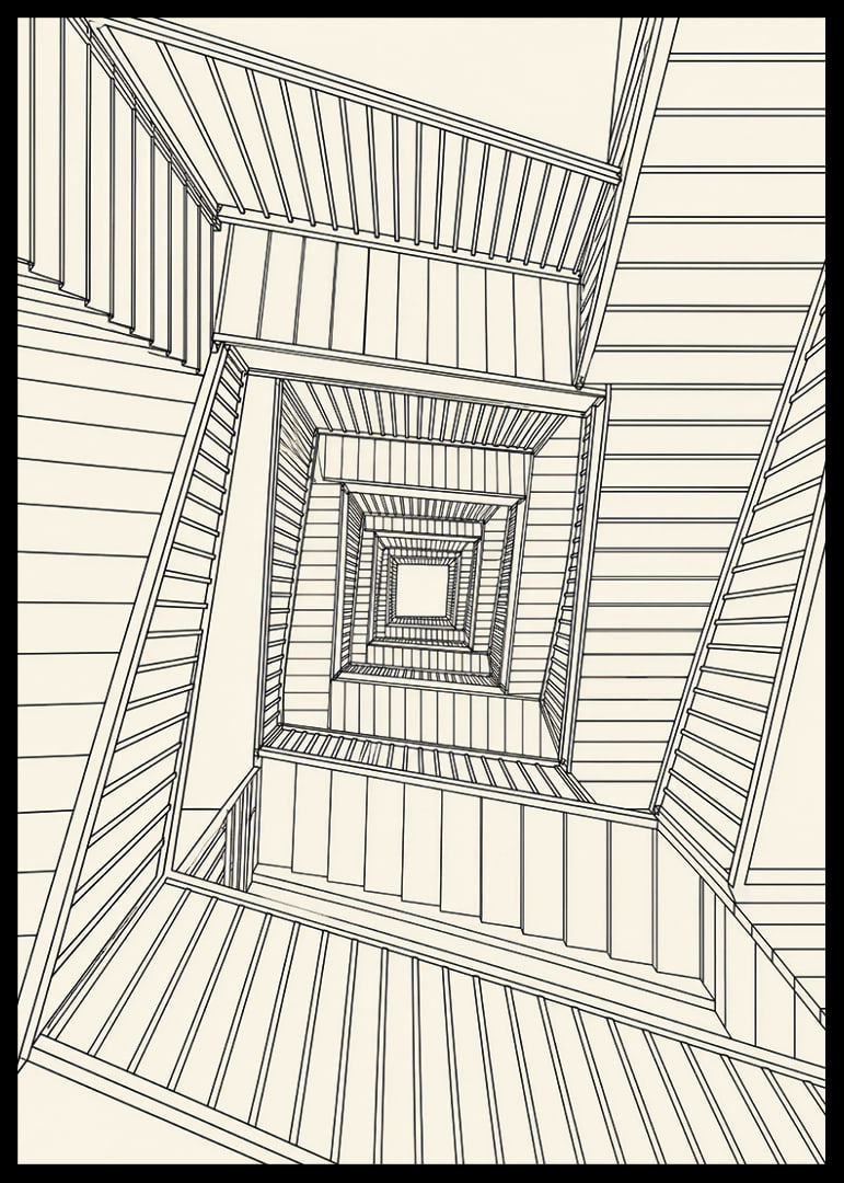 Graphic staircase view in fine black lines with a hypnotic architectural feel.-12