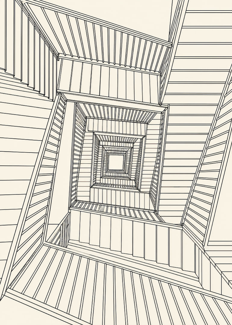Graphic staircase view in fine black lines with a hypnotic architectural feel.-12