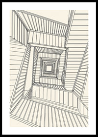 Graphic staircase view in fine black lines with a hypnotic architectural feel.-0