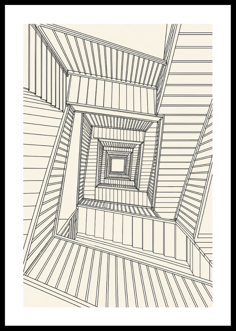 Graphic staircase view in fine black lines with a hypnotic architectural feel.-12