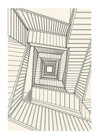 Graphic staircase view in fine black lines with a hypnotic architectural feel.-1