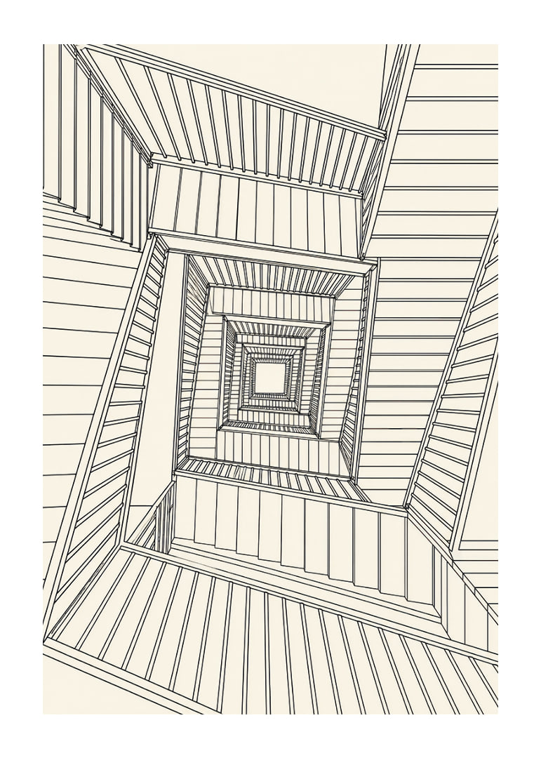 Graphic staircase view in fine black lines with a hypnotic architectural feel.-12