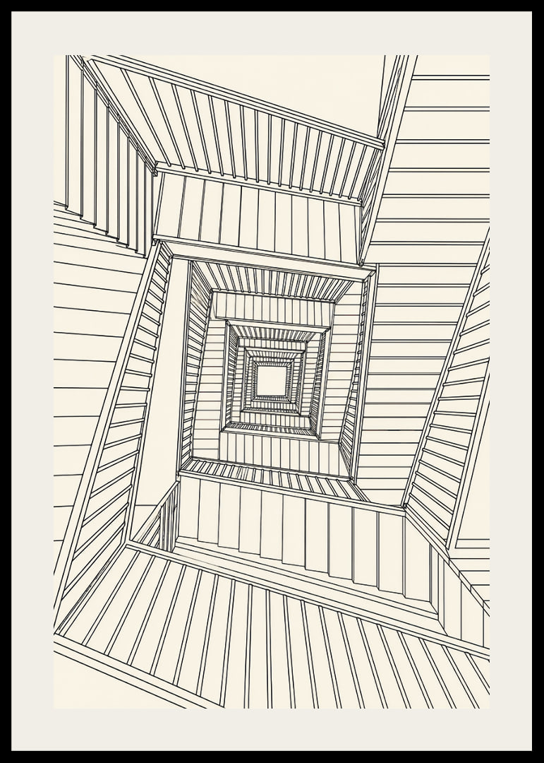 Graphic staircase view in fine black lines with a hypnotic architectural feel.-12