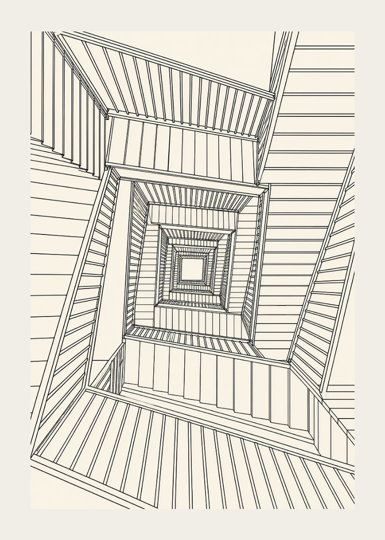 Graphic staircase view in fine black lines with a hypnotic architectural feel.-12