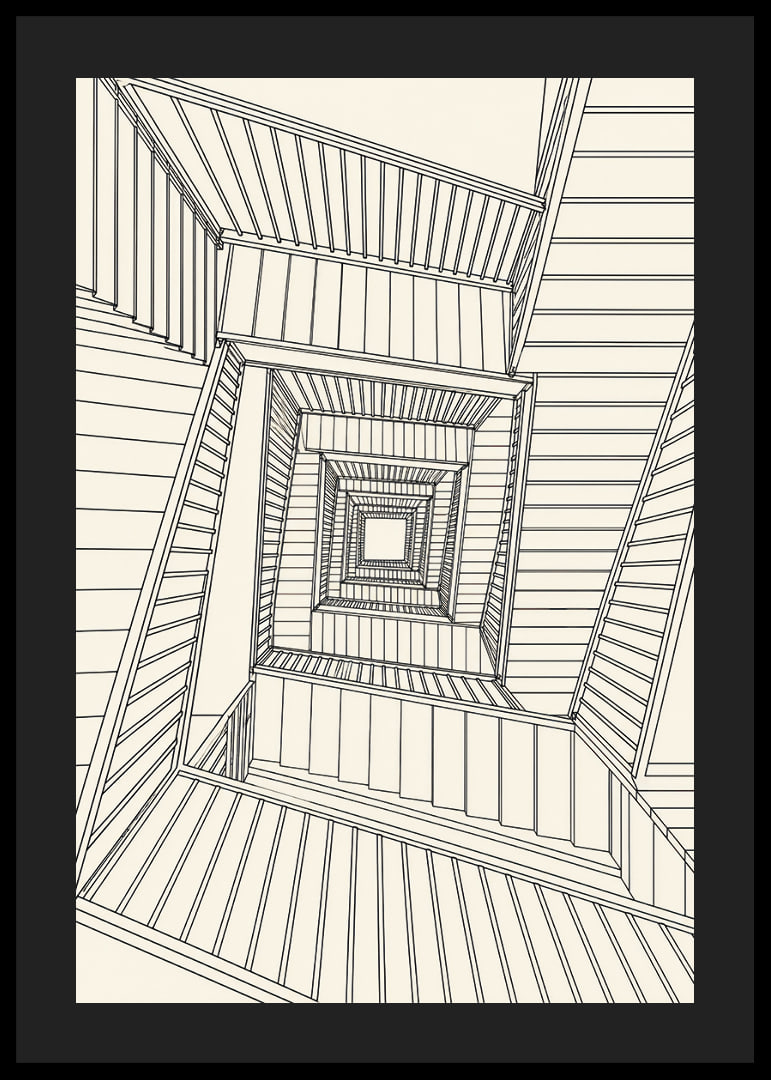 Graphic staircase view in fine black lines with a hypnotic architectural feel.-12