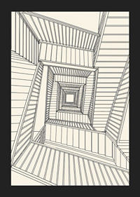Graphic staircase view in fine black lines with a hypnotic architectural feel.-5