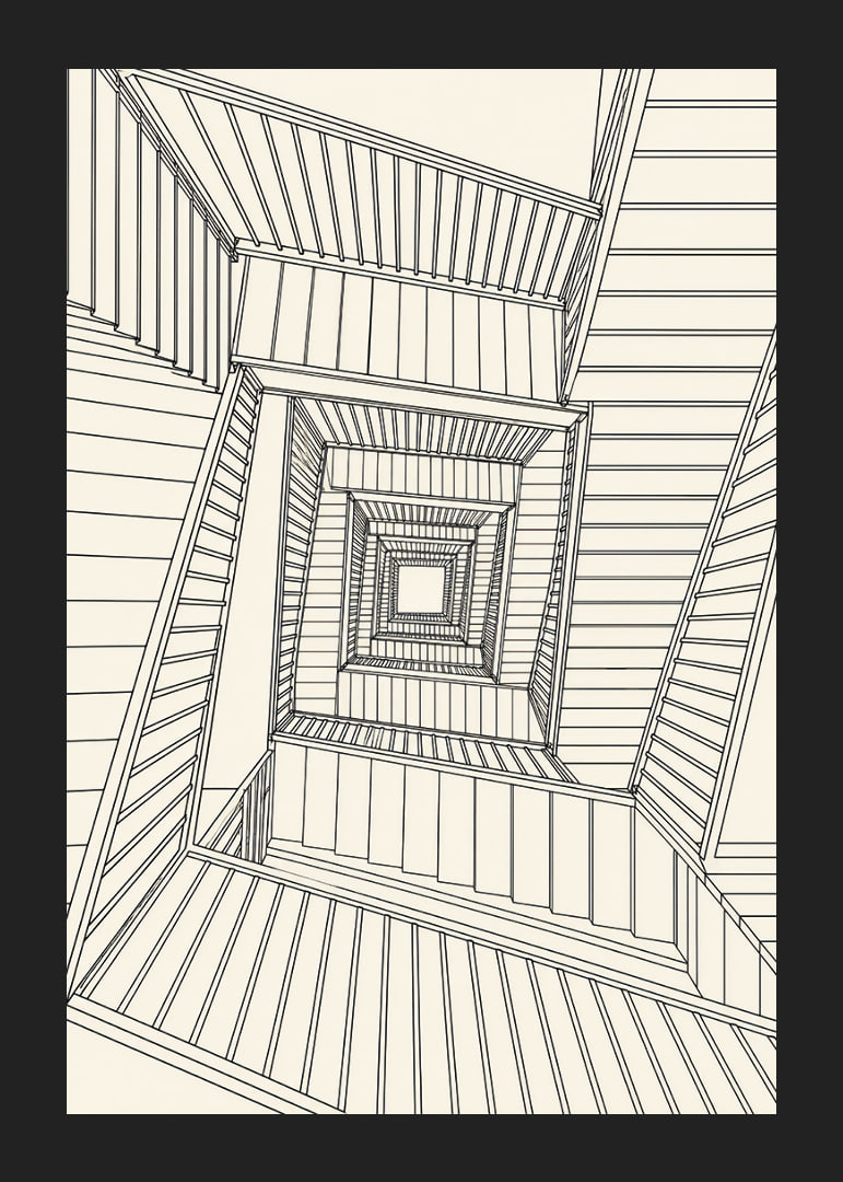 Graphic staircase view in fine black lines with a hypnotic architectural feel.-12