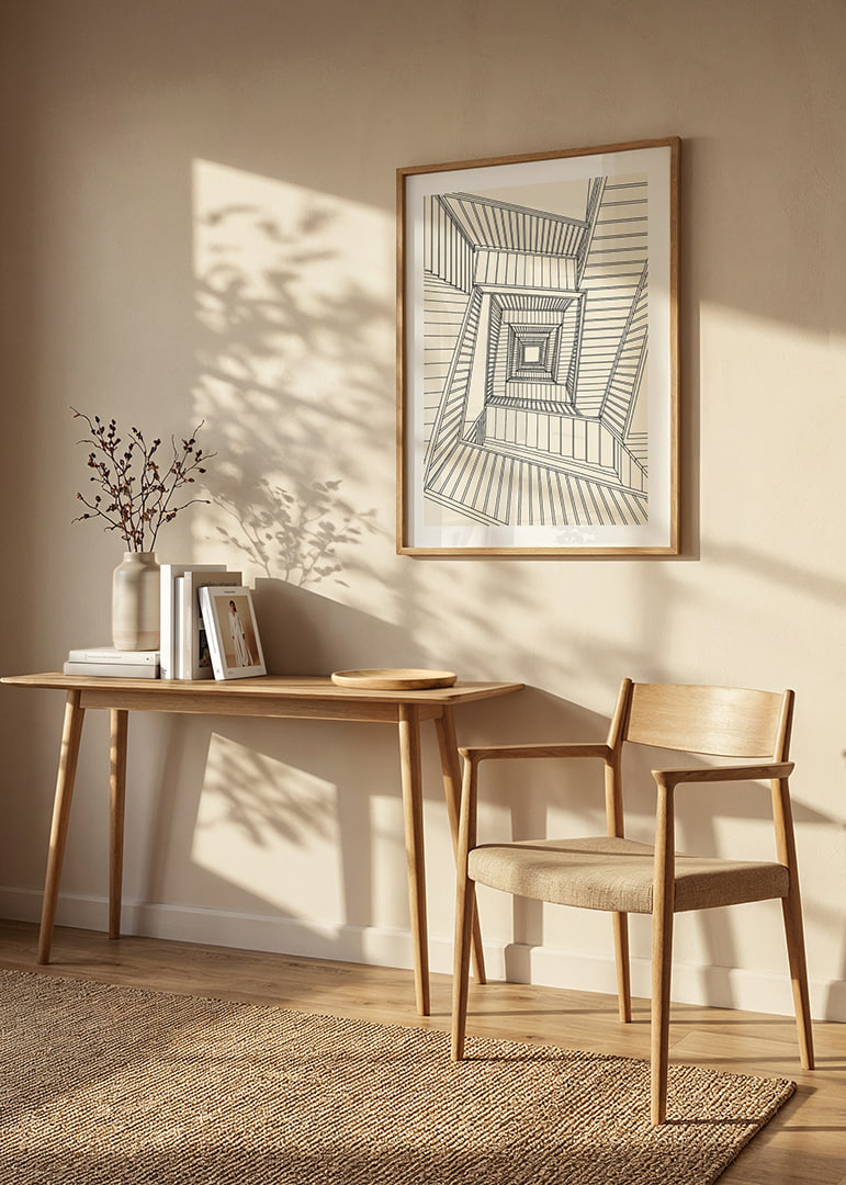 Graphic staircase view in fine black lines with a hypnotic architectural feel.-12