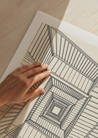 Graphic staircase view in fine black lines with a hypnotic architectural feel.-9