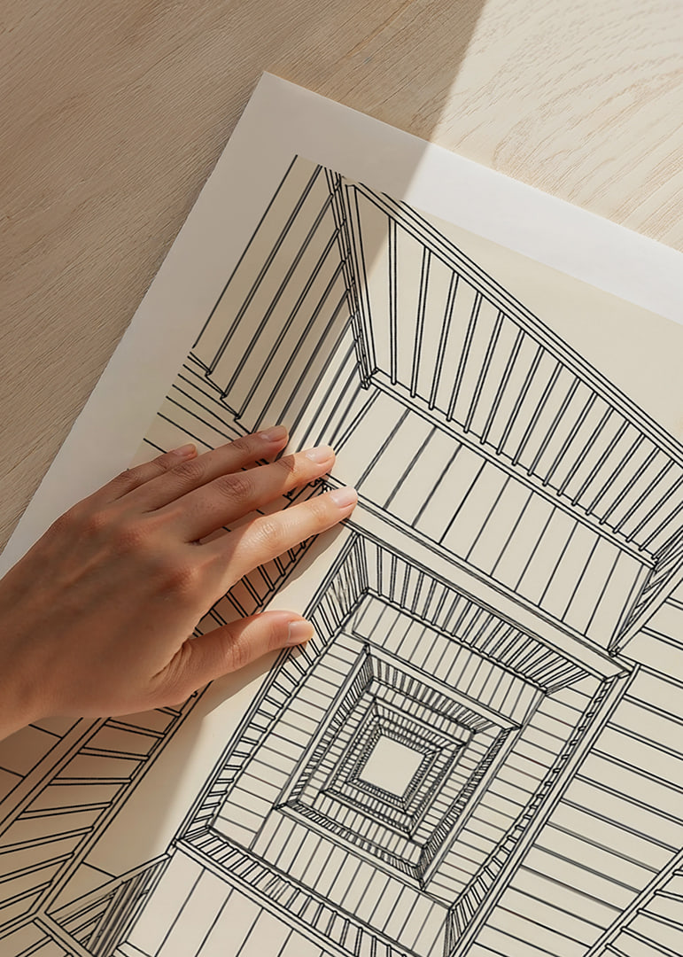 Graphic staircase view in fine black lines with a hypnotic architectural feel.-12