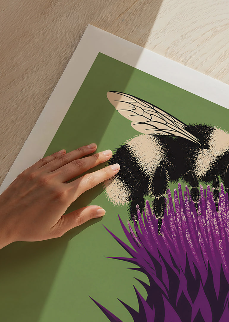A bumblebee lands on an intensely purple thistle against a soft green background.-12