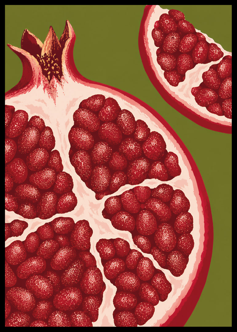 Graphic illustration of juicy pomegranates in warm red tones against olive green.-12