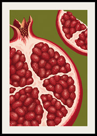 Graphic illustration of juicy pomegranates in warm red tones against olive green.-2