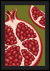 Graphic illustration of juicy pomegranates in warm red tones against olive green.-4