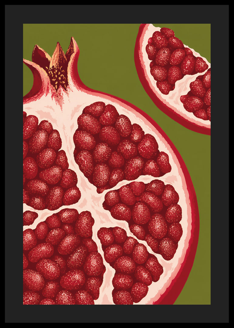 Graphic illustration of juicy pomegranates in warm red tones against olive green.-12