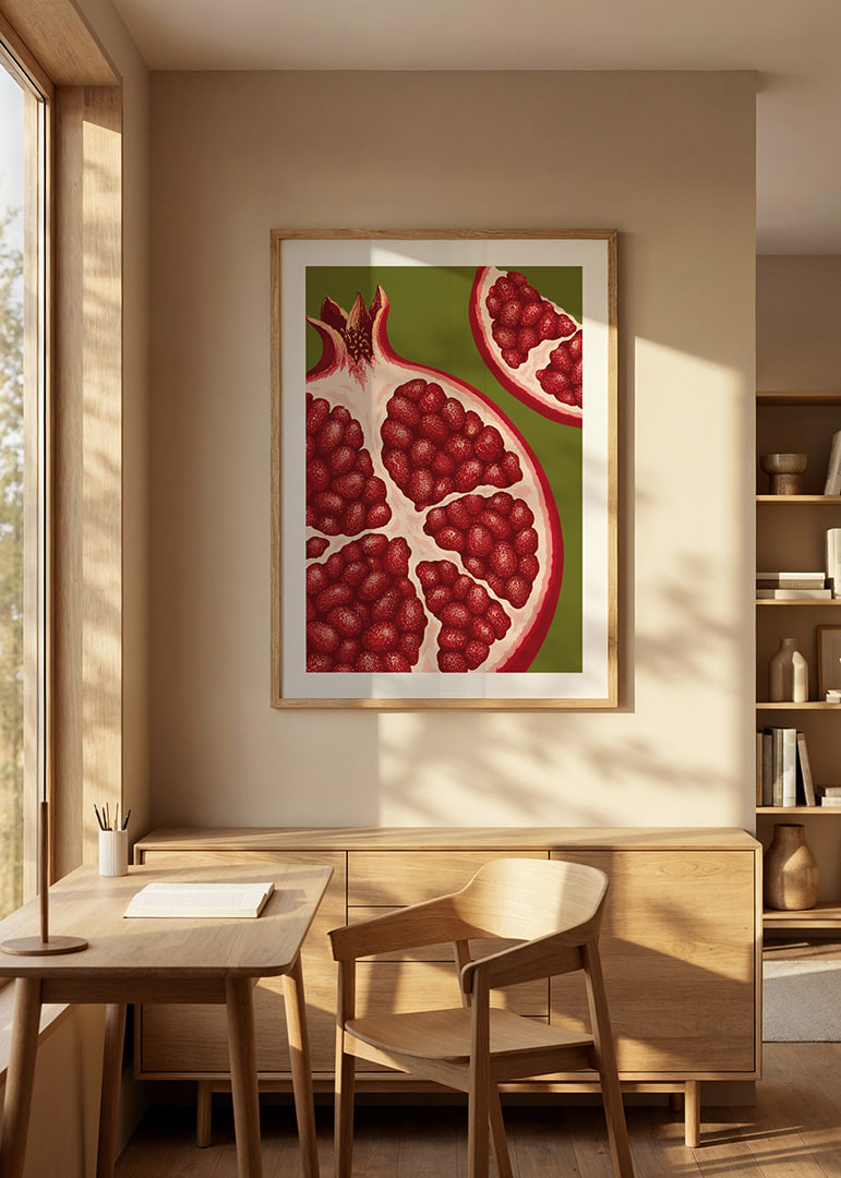 Graphic illustration of juicy pomegranates in warm red tones against olive green.-12