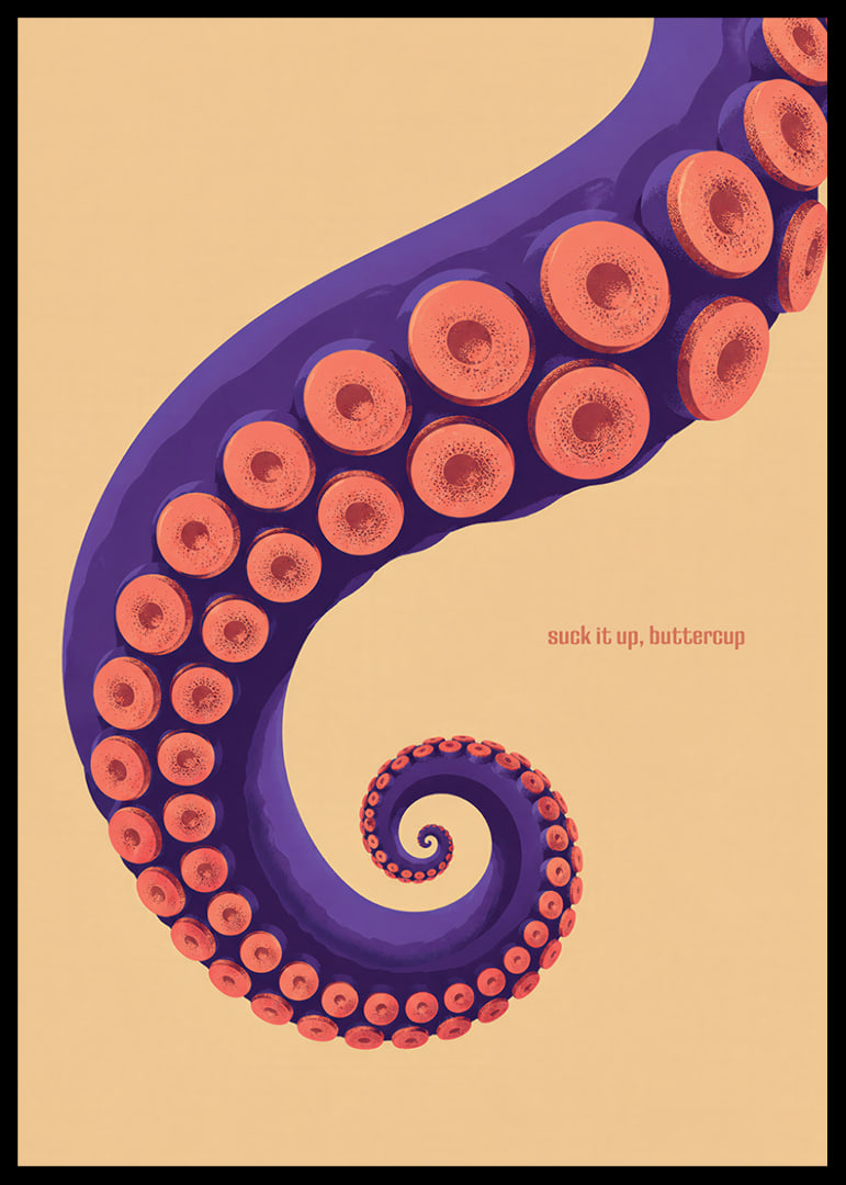 A purple octopus arm with coral-colored suction cups in a playful retro style.-12