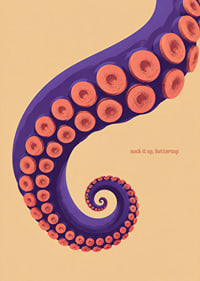 A purple octopus arm with coral-colored suction cups in a playful retro style.-7