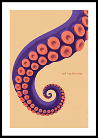 A purple octopus arm with coral-colored suction cups in a playful retro style.-0