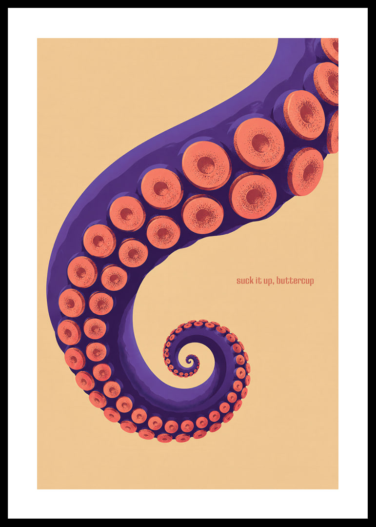 A purple octopus arm with coral-colored suction cups in a playful retro style.-12
