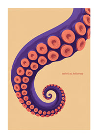 A purple octopus arm with coral-colored suction cups in a playful retro style.-1