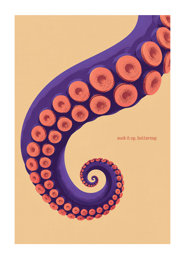 A purple octopus arm with coral-colored suction cups in a playful retro style.-12
