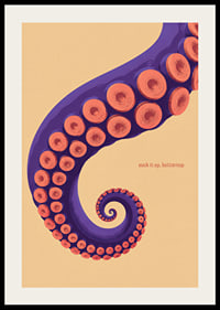 A purple octopus arm with coral-colored suction cups in a playful retro style.-2
