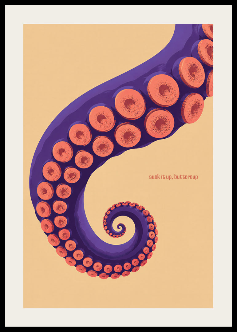 A purple octopus arm with coral-colored suction cups in a playful retro style.-12