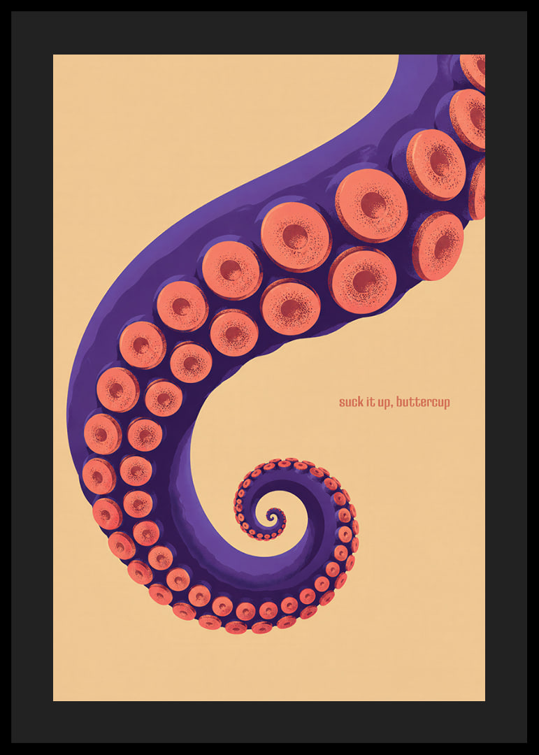A purple octopus arm with coral-colored suction cups in a playful retro style.-12