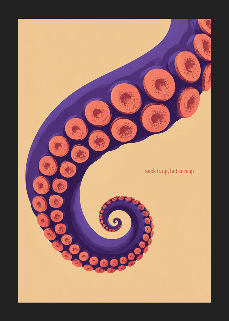A purple octopus arm with coral-colored suction cups in a playful retro style.-12