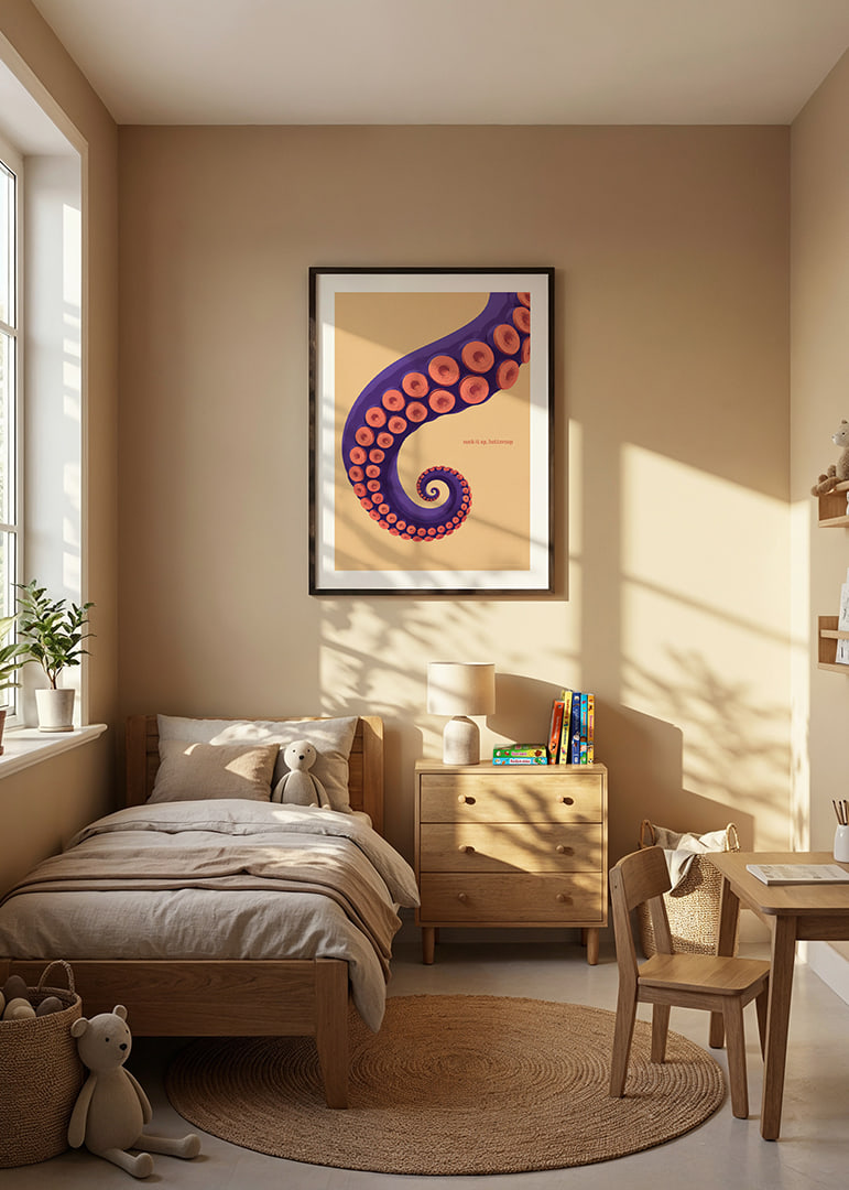 A purple octopus arm with coral-colored suction cups in a playful retro style.-12