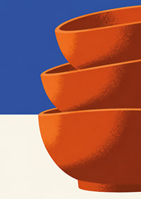 Graphic poster with three orange bowls against deep blue and warm white.-7
