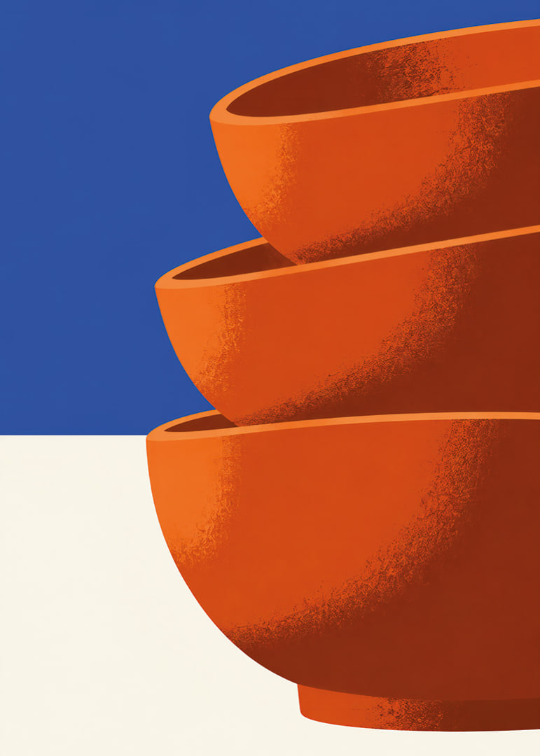 Graphic poster with three orange bowls against deep blue and warm white.-12