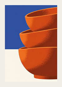 Graphic poster with three orange bowls against deep blue and warm white.-3