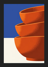 Graphic poster with three orange bowls against deep blue and warm white.-5