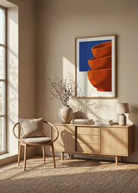 Graphic poster with three orange bowls against deep blue and warm white.-8