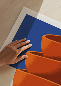 Graphic poster with three orange bowls against deep blue and warm white.-9