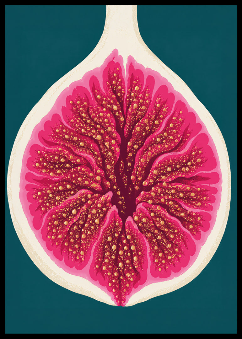 Stylized fig in intense pink tones against a deep teal background.-12