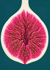 Stylized fig in intense pink tones against a deep teal background.-7