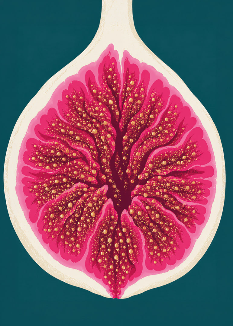 Stylized fig in intense pink tones against a deep teal background.-12