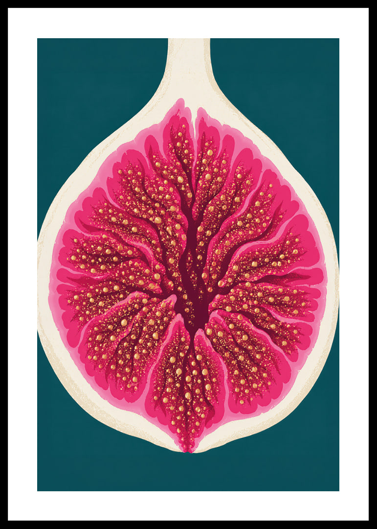 Stylized fig in intense pink tones against a deep teal background.-12