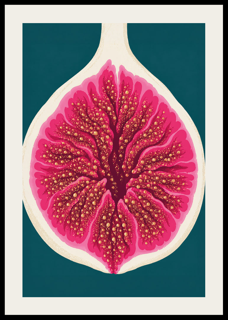 Stylized fig in intense pink tones against a deep teal background.-12
